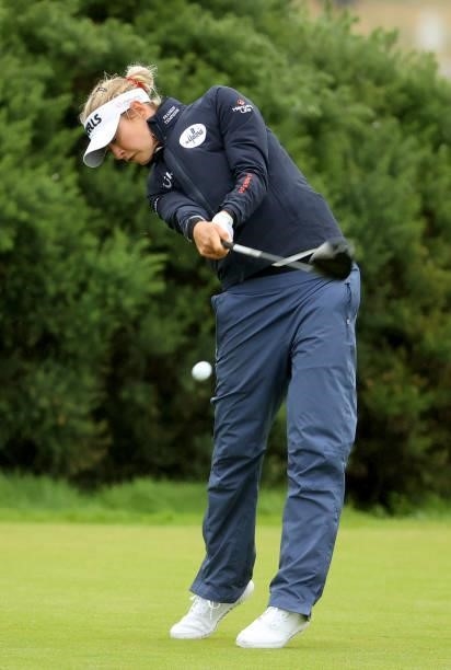 Nelly Korda of The United States on the 9th tee during the first round of the AIG Women's Open at Carnoustie Golf Links on August 19, 2021 in...