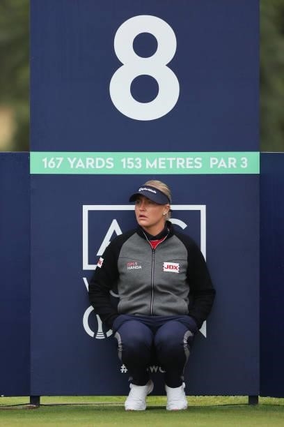 Charley Hull of England waits to tee off the eighth hole during Day One of the AIG Women's Open at Carnoustie Golf Links on August 19, 2021 in...