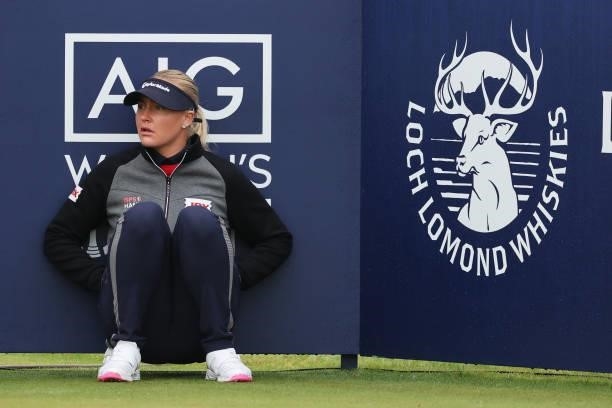 Charley Hull of England waits to tee off the eighth hole during Day One of the AIG Women's Open at Carnoustie Golf Links on August 19, 2021 in...