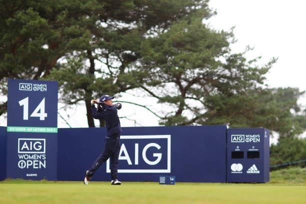 Celine Boutier of France tees off on the fourteenth hole during Day One of the AIG Women's Open at Carnoustie Golf Links on August 19, 2021 in...