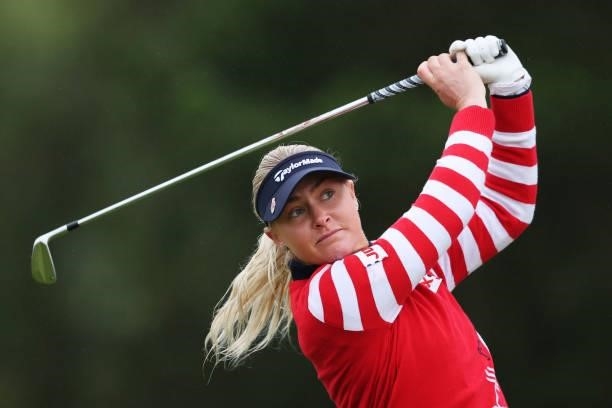 Charley Hull of England tees off on the eighth hole during Day One of the AIG Women's Open at Carnoustie Golf Links on August 19, 2021 in Carnoustie,...