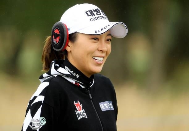 Mijung Hur of South Korea on the 9th hole during the first round of the AIG Women's Open at Carnoustie Golf Links on August 19, 2021 in Carnoustie,...