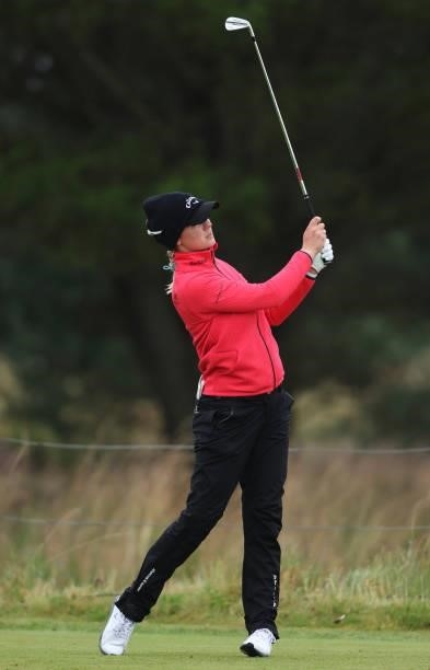 Madelene Sagstrom of Sweden tees off on the eighth hole during Day One of the AIG Women's Open at Carnoustie Golf Links on August 19, 2021 in...