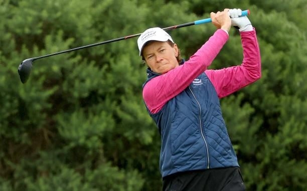 Catriona Matthew of Scotland on the 9th tee during the first round of the AIG Women's Open at Carnoustie Golf Links on August 19, 2021 in Carnoustie,...