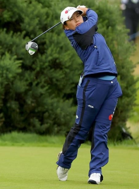 Tsubasa Kajitani of Japan on the 9th tee during the first round of the AIG Women's Open at Carnoustie Golf Links on August 19, 2021 in Carnoustie,...
