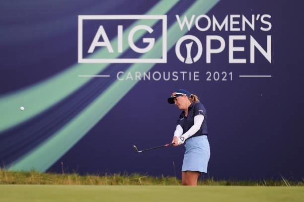 Manon de Roey of Belgium plays a chip shot the eighteenth green during a practice round prior to the AIG Women's Open at Carnoustie Golf Links on...