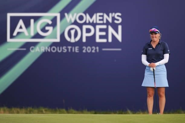 Manon de Roey of Belgium looks on from the eighteenth green during a practice round prior to the AIG Women's Open at Carnoustie Golf Links on August...
