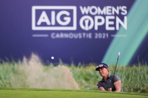 Marissa Steen of The United States plays a bunker shot on the eighteenth hole during the Pro-Am prior to the AIG Women's Open at Carnoustie Golf...