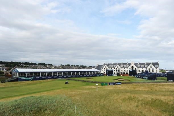 General view of the eighteenth fairway and green with the Carnoustie Golf Hotel and Spa in the background during previews prior to the AIG Women's...