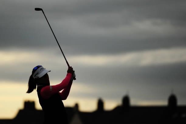 Prima Thammaraks of Thailand plays her second shot on the eighteenth hole during a practice round prior to the AIG Women's Open at Carnoustie Golf...