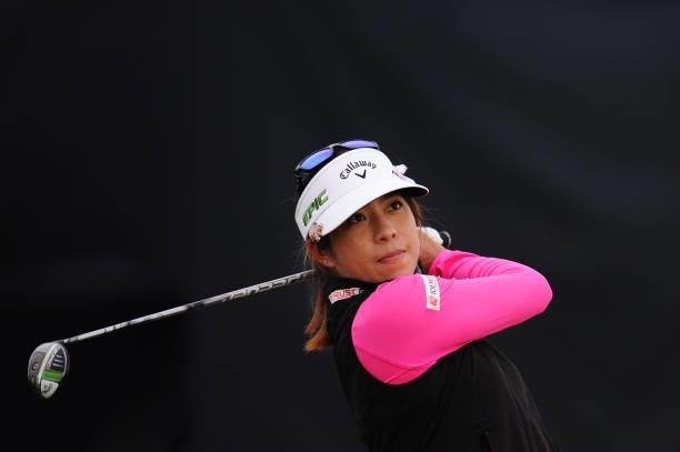 Prima Thammaraks of Thailand tees off on the seventeenth hole during a practice round prior to the AIG Women's Open at Carnoustie Golf Links on...