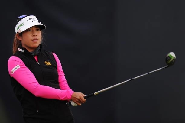 Prima Thammaraks of Thailand tees off on the seventeenth hole during a practice round prior to the AIG Women's Open at Carnoustie Golf Links on...