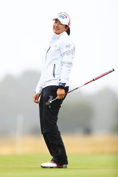 Lim Kim of South Korea reacts after a putt on the thirteenth green during Day One of the AIG Women's Open at Carnoustie Golf Links on August 19, 2021...