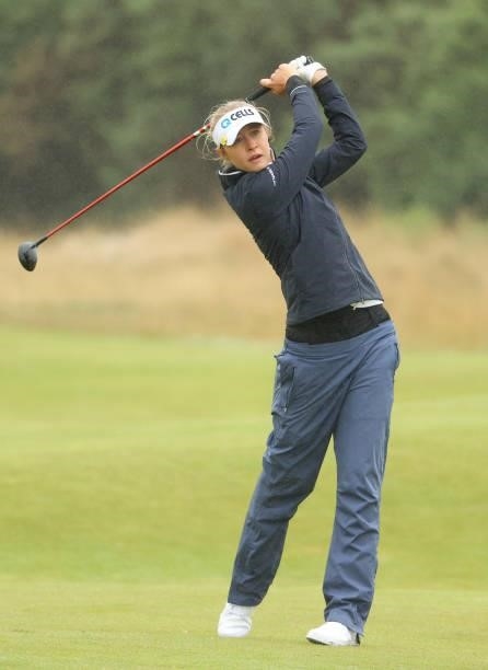 Nelly Korda of The United States plays her second shot on the 12th hole during the first round of the AIG Women's Open at Carnoustie Golf Links on...