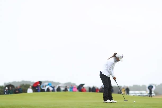 Danielle Kang of The United States plays her second shot on the thirteenth hole during Day One of the AIG Women's Open at Carnoustie Golf Links on...