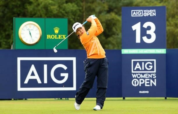 Nasa Hataoka of Japan on the 13th tee during the first round of the AIG Women's Open at Carnoustie Golf Links on August 19, 2021 in Carnoustie,...