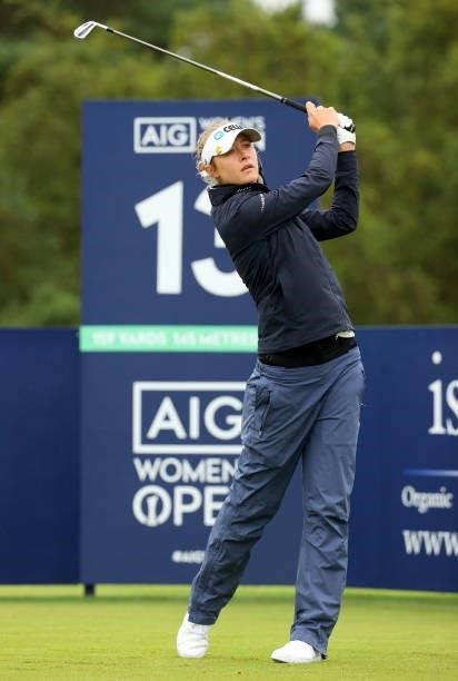 Nelly Korda of The United States on the 13th tee during the first round of the AIG Women's Open at Carnoustie Golf Links on August 19, 2021 in...