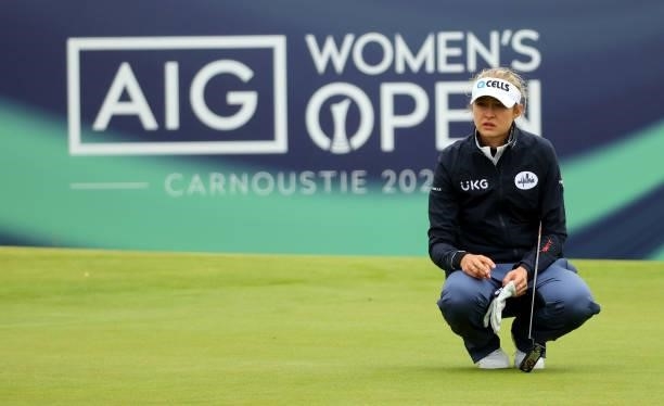 Nelly Korda of The United States on the 13th green during the first round of the AIG Women's Open at Carnoustie Golf Links on August 19, 2021 in...