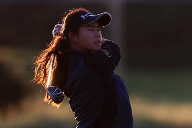 Trichat Cheenglab of Thailand plays a shot during a practice round prior to the AIG Women's Open at Carnoustie Golf Links on August 17, 2021 in...