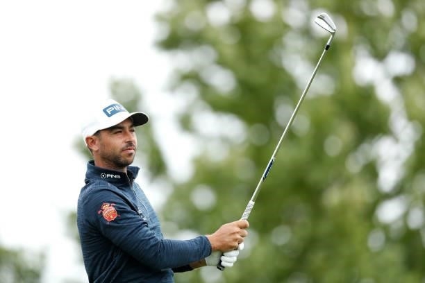 Sebastian Garcia Rodriguez of Spain plays a tee shot on the 16th hole during Day One of The D+D Real Czech Masters at Albatross Golf Resort on August...