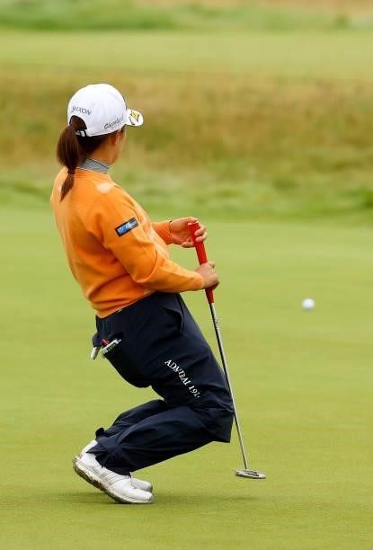 Nasa Hataoka of Japan reacts after her putt on the 14th green during the first round of the AIG Women's Open at Carnoustie Golf Links on August 19,...