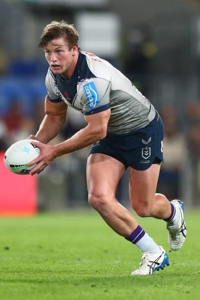 Harry Grant of the Storm runs with the ball during the round 23 NRL match between the Gold Coast Titans and the Melbourne Storm at Cbus Super...