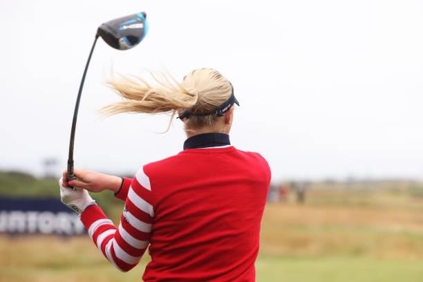 Charley Hull of England plays a shot during Day One of the AIG Women's Open at Carnoustie Golf Links on August 19, 2021 in Carnoustie, Scotland.