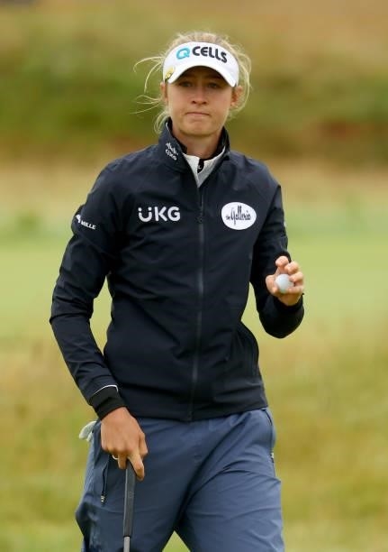 Nelly Korda of The United States reacts after a birdie on 14th hole during the first round of the AIG Women's Open at Carnoustie Golf Links on August...