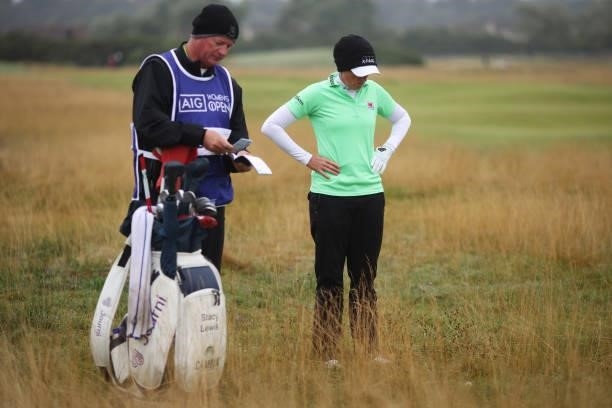 Stacy Lewis of The United States prepares for her next shot during Day One of the AIG Women's Open at Carnoustie Golf Links on August 19, 2021 in...