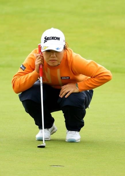 Nasa Hataoka of Japan reacts after her putt on the 15th green during the first round of the AIG Women's Open at Carnoustie Golf Links on August 19,...