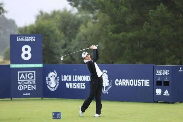 Lydia Ko of New Zealand tees off on the eighth hole during Day One of the AIG Women's Open at Carnoustie Golf Links on August 19, 2021 in Carnoustie,...
