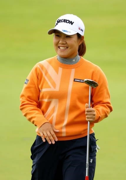 Nasa Hataoka of Japan reacts after her putt on the 15th green during the first round of the AIG Women's Open at Carnoustie Golf Links on August 19,...