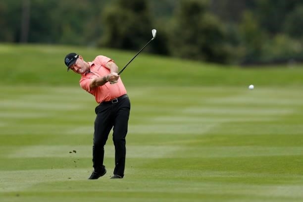 Rory Sabbatini of Slovakia plays a shot on the ninth hole during Day One of The D+D Real Czech Masters at Albatross Golf Resort on August 19, 2021 in...