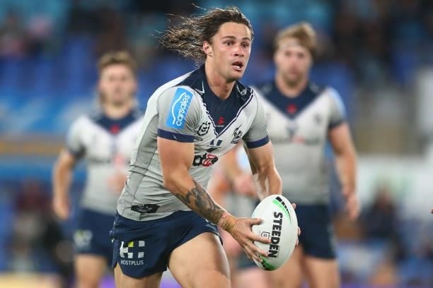 Nicho Hynes of the Storm runs with the ball during the round 23 NRL match between the Gold Coast Titans and the Melbourne Storm at Cbus Super...