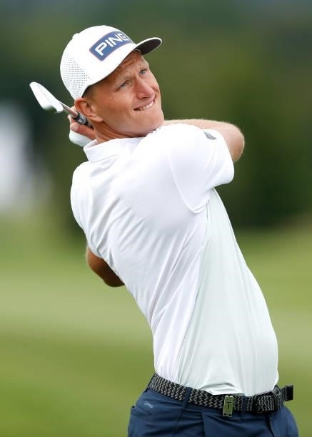 Adrian Meronk of Poland plays a shot on the ninth hole during Day One of The D+D Real Czech Masters at Albatross Golf Resort on August 19, 2021 in...