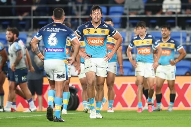 Tino Fa'asuamaleaui of the Titans looks dejected during the round 23 NRL match between the Gold Coast Titans and the Melbourne Storm at Cbus Super...