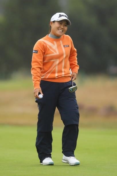 Nasa Hataoka of Japan reacts on the ninth hole during Day One of the AIG Women's Open at Carnoustie Golf Links on August 19, 2021 in Carnoustie,...