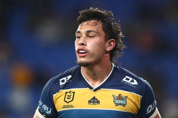 Tino Fa'asuamaleaui of the Titans looks on during the round 23 NRL match between the Gold Coast Titans and the Melbourne Storm at Cbus Super Stadium,...