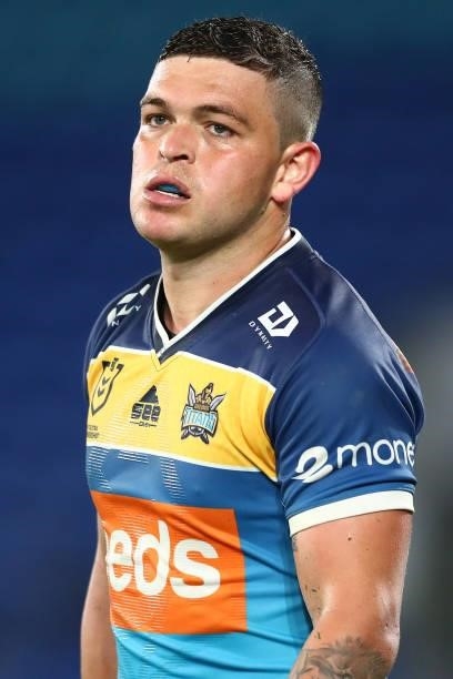 Ash Taylor of the Titans looks dejected during the round 23 NRL match between the Gold Coast Titans and the Melbourne Storm at Cbus Super Stadium, on...