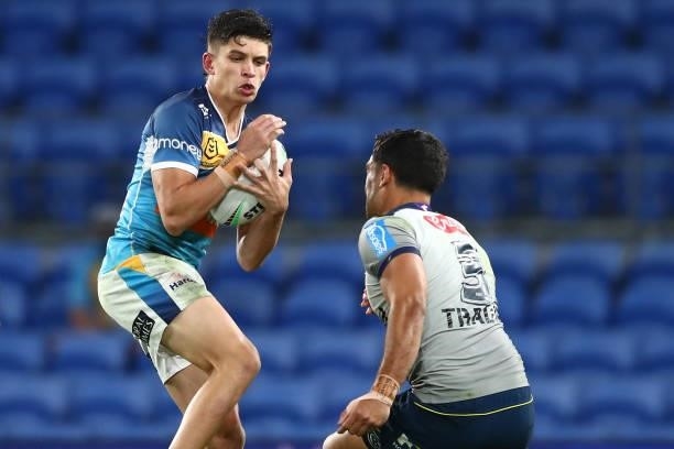 Jayden Campbell of the Titans competes for the ball during the round 23 NRL match between the Gold Coast Titans and the Melbourne Storm at Cbus Super...