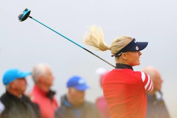 Charley Hull of England tees off on the fifteenth hole during Day One of the AIG Women's Open at Carnoustie Golf Links on August 19, 2021 in...