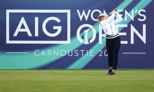 Brooke Henderson of Canada tees off on the first hole during Day One of the AIG Women's Open at Carnoustie Golf Links on August 19, 2021 in...
