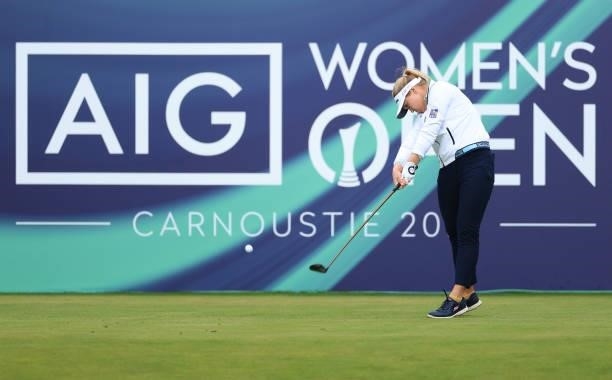 Brooke Henderson of Canada tees off on the first hole during Day One of the AIG Women's Open at Carnoustie Golf Links on August 19, 2021 in...