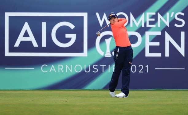 Yuka Saso of Philippines tees off on the first hole during Day One of the AIG Women's Open at Carnoustie Golf Links on August 19, 2021 in Carnoustie,...