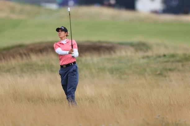 Azahara Munoz of Spain plays her second shot on the fourth hole during Day One of the AIG Women's Open at Carnoustie Golf Links on August 19, 2021 in...