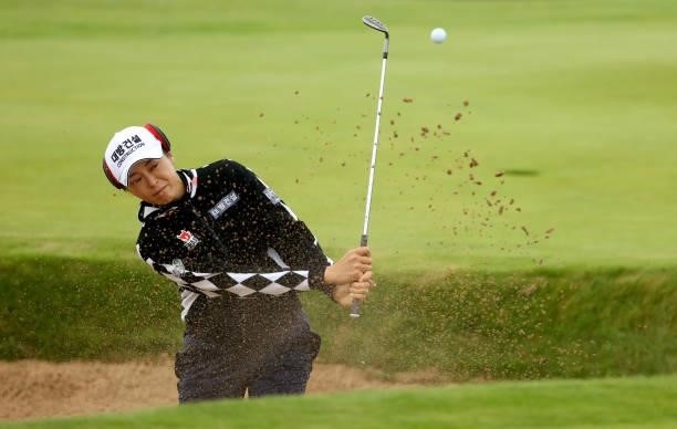 Mijung Hur of South Korea plays her third shot on the 18th hole during the first round of the AIG Women's Open at Carnoustie Golf Links on August 19,...