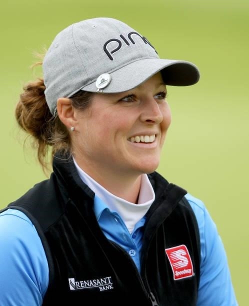 Ally Ewing of The United States on the 18th green during the first round of the AIG Women's Open at Carnoustie Golf Links on August 19, 2021 in...