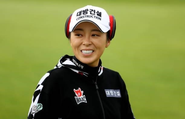 Mijung Hur of South Korea on the 18th green during the first round of the AIG Women's Open at Carnoustie Golf Links on August 19, 2021 in Carnoustie,...