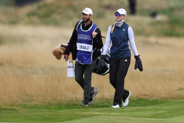 Jessica Korda of The United States and her caddie walk the fourth hole during Day One of the AIG Women's Open at Carnoustie Golf Links on August 19,...