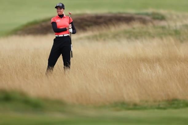 Sophia Popov of Germany looks on following her second shot on the fourth hole during Day One of the AIG Women's Open at Carnoustie Golf Links on...